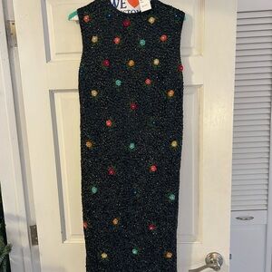 Vintage Black Beaded Midi Dress with Colorful Accents